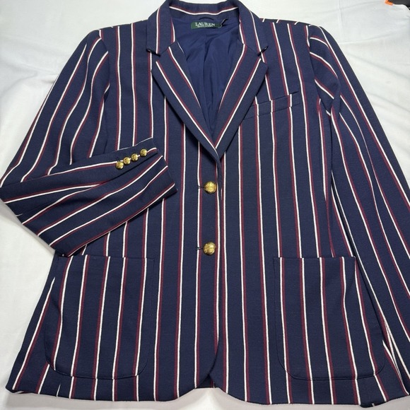 Lauren Ralph Lauren Women XL Stripe Blazer Jacket Gold Button Red White Blue EUC - Picture 2 of 12